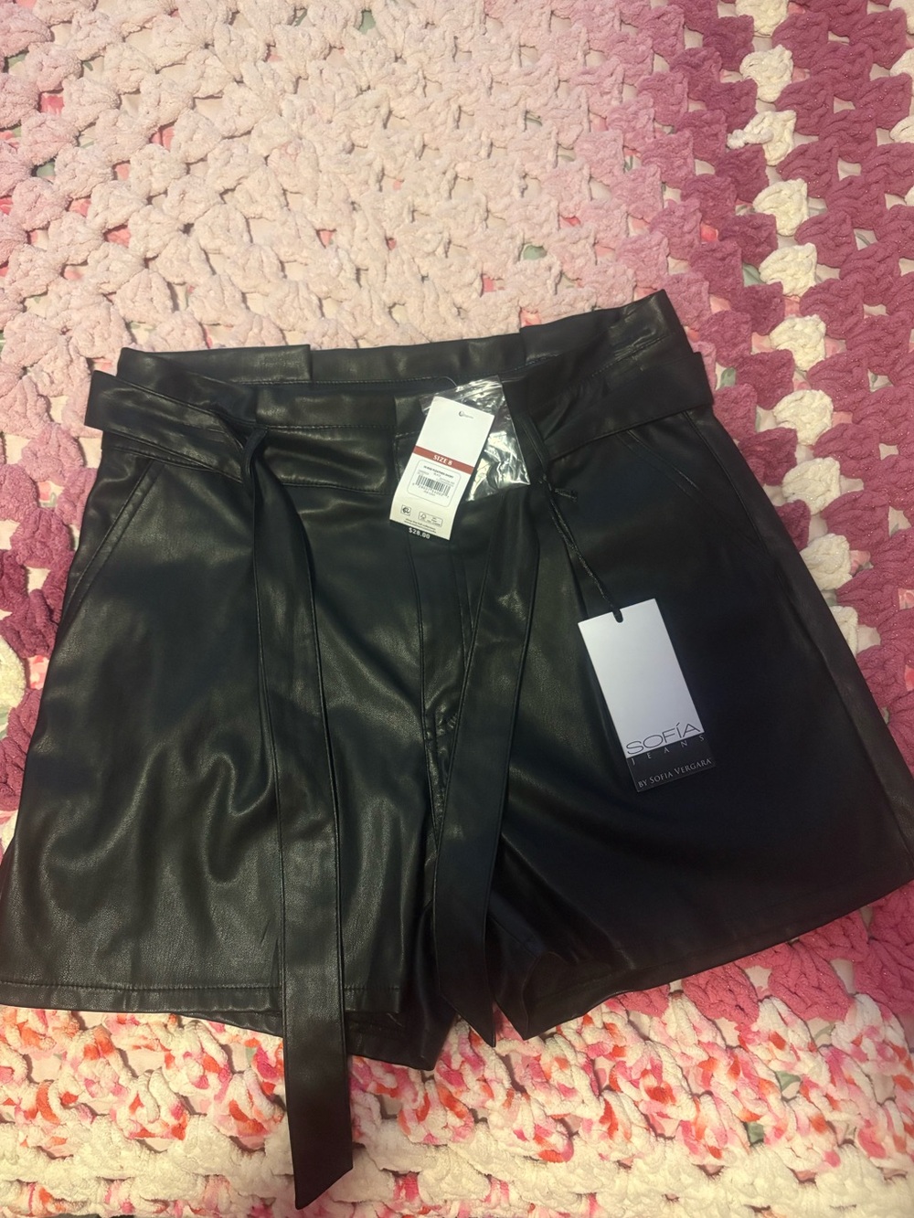 NWT sofia by sofia vergara Black Faux Leather High-Waist Paperbag Shorts